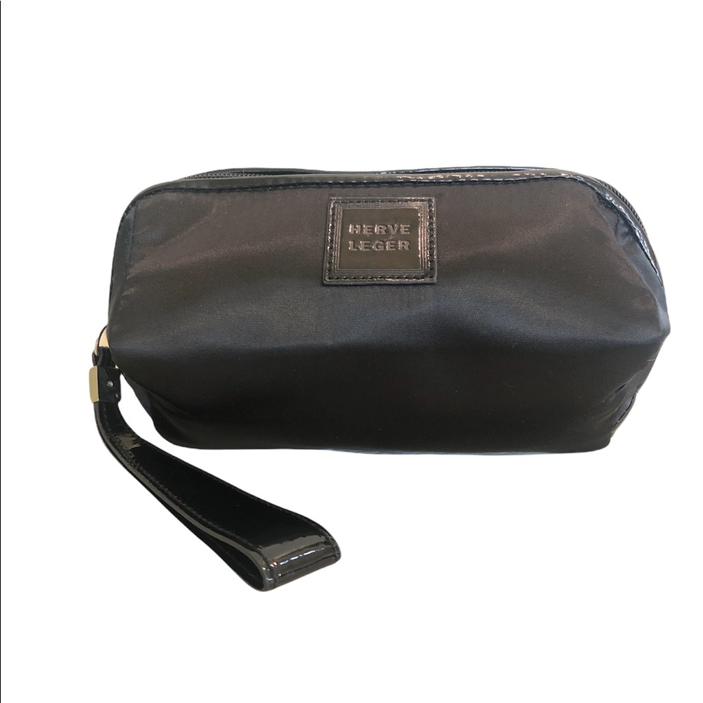Herve Léger Black satin and patent wristlet